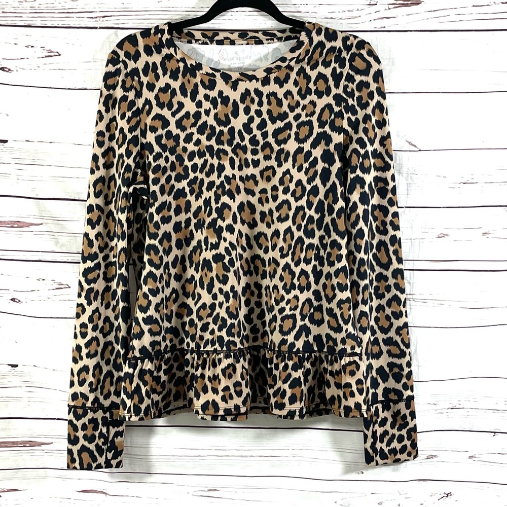Kate Spade Top Women’s Size L Brown Leopard Print Flounce Long Sleeve